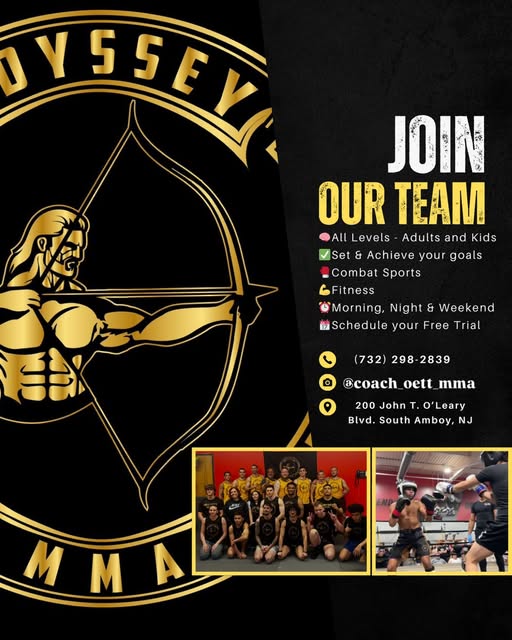 Odyssey MMA "Join Our Team" flyer with class info and free trial offer